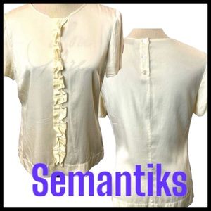 Semantiks Ivory Stretch Silk Short Sleeve Ruffle Front Blouse Top (M)